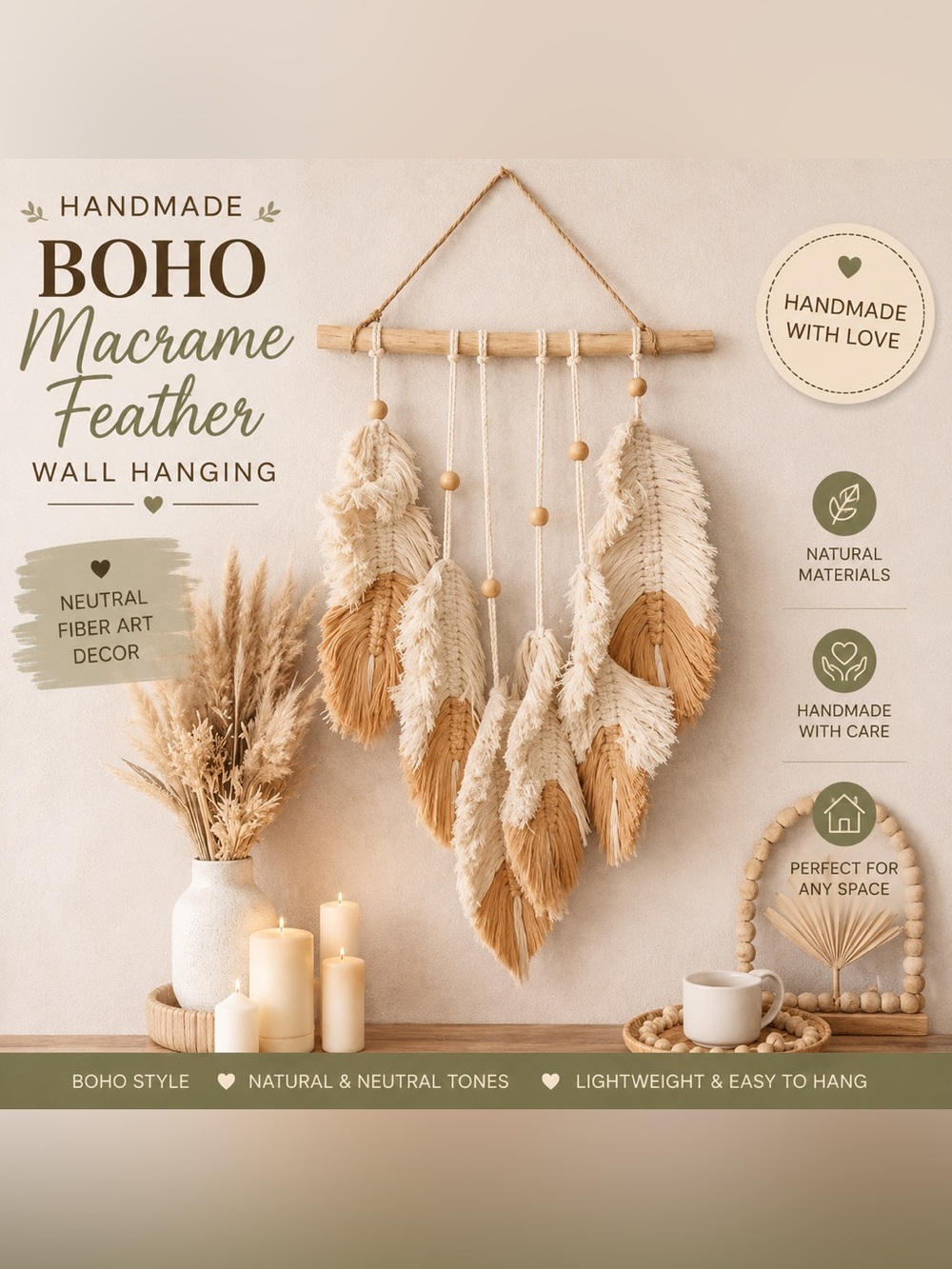 Handmade Boho Macrame Feather Wall Hanging | Neutral Fiber Art Decor